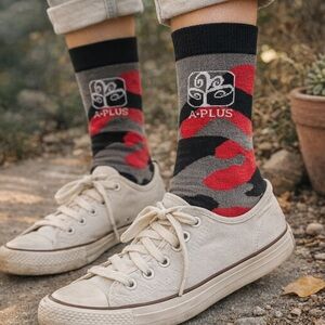 NWT A•PLUS Graphic Crew Socks Red Black Eco Sustainable One Size